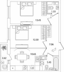 ЖК «Кинопарк», планировка 2-комнатной квартиры, 49.55 м²