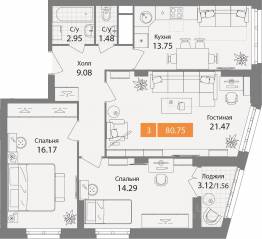 ЖК «Планерный квартал», планировка 3-комнатной квартиры, 80.75 м²