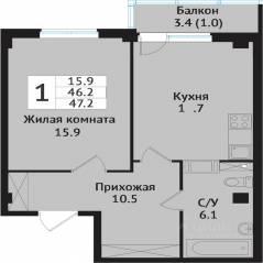 ЖК «Южная звезда», планировка 1-комнатной квартиры, 49.20 м²
