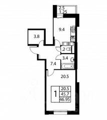 ЖК «Космос», планировка 1-комнатной квартиры, 46.95 м²