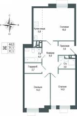 ЖК «Киноквартал», планировка 3-комнатной квартиры, 71.10 м²
