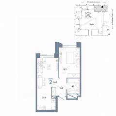 ЖК «Страна.Заречная», планировка 2-комнатной квартиры, 44.00 м²