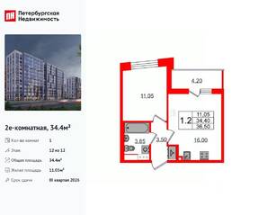 ЖК «Бионика Заповедная», планировка 1-комнатной квартиры, 34.40 м²