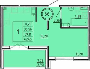 МЖК «Образцовый квартал 16», планировка 1-комнатной квартиры, 35.56 м²