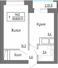 МЖК «Новое Замитино», планировка 1-комнатной квартиры, 33.40 м²