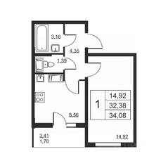 ЖК «Высота» (Бугры), планировка 1-комнатной квартиры, 34.08 м²