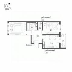 ЖК «Монография», планировка 2-комнатной квартиры, 59.70 м²