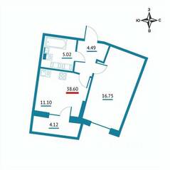 ЖК «Левитан», планировка 1-комнатной квартиры, 38.60 м²