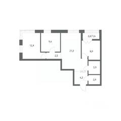 ЖК «NEWПИТЕР», планировка 3-комнатной квартиры, 67.42 м²