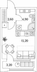 ЖК «Тайм Сквер», планировка студии, 25.60 м²