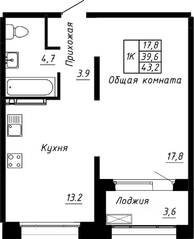 ЖК «Сибирь», планировка 1-комнатной квартиры, 43.20 м²