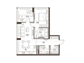 ЖК «High Life», планировка 3-комнатной квартиры, 70.50 м²