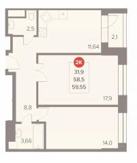 ЖК «Отлично», планировка 2-комнатной квартиры, 59.55 м²