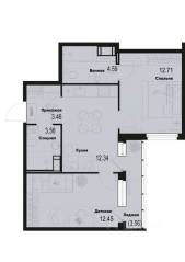 ЖК «ID Murino III», планировка 2-комнатной квартиры, 50.89 м²