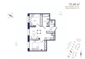 ЖК «Ranta Residence», планировка 2-комнатной квартиры, 53.28 м²