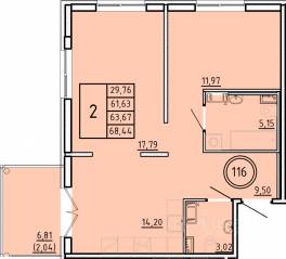 МЖК «Образцовый квартал 16», планировка 2-комнатной квартиры, 61.63 м²