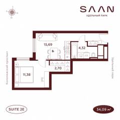 МФК «SAAN», планировка 1-комнатной квартиры, 34.09 м²