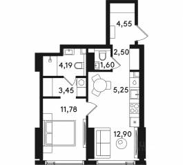 ЖК «Solos», планировка 1-комнатной квартиры, 46.22 м²