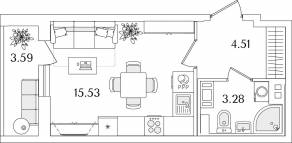 ЖК «Кинопарк», планировка студии, 25.12 м²
