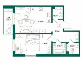 ЖК «ЛесART», планировка 1-комнатной квартиры, 43.91 м²