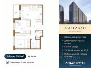 ЖК «Магеллан», планировка 2-комнатной квартиры, 55.90 м²