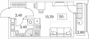 ЖК «Тайм Сквер», планировка студии, 22.90 м²