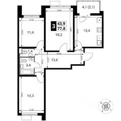 ЖК «Южная Битца», планировка 3-комнатной квартиры, 77.90 м²