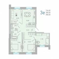 ЖК «Lovo», планировка 3-комнатной квартиры, 88.00 м²