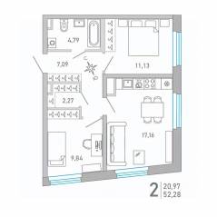 ЖК «Министр», планировка 2-комнатной квартиры, 52.26 м²