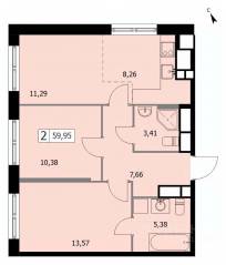 ЖК «Self», планировка 2-комнатной квартиры, 60.10 м²