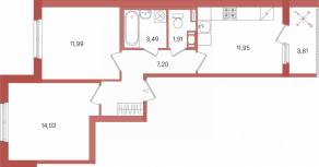 ЖК «Патио», планировка 2-комнатной квартиры, 52.47 м²