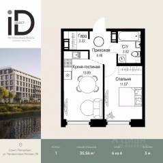 ЖК «ID Petrogradskaya», планировка 1-комнатной квартиры, 35.56 м²