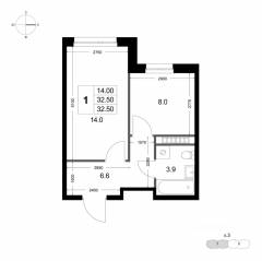 ЖК «Легенда Коренево», планировка 1-комнатной квартиры, 32.50 м²