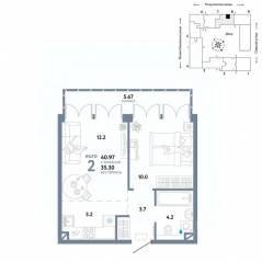 ЖК «Страна.Озерная», планировка 2-комнатной квартиры, 40.97 м²