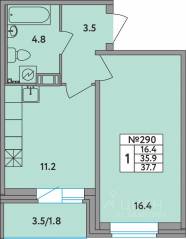 ЖК «Удача», планировка 1-комнатной квартиры, 37.70 м²