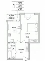 ЖК «Riga Hills», планировка 1-комнатной квартиры, 47.98 м²