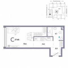 ЖК «Страна.Озерная», планировка студии, 27.60 м²