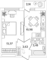 ЖК «Лайнеръ», планировка 1-комнатной квартиры, 34.70 м²