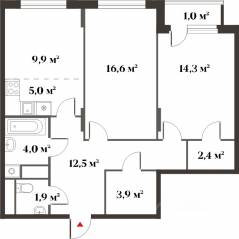 ЖК Миниполис «Восемь кленов», планировка 3-комнатной квартиры, 70.50 м²