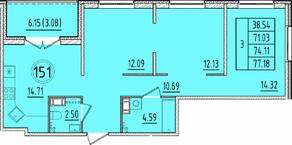 МЖК «Образцовый квартал 17», планировка 3-комнатной квартиры, 71.03 м²