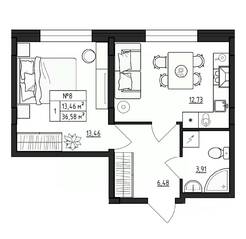 МЖК «Верево-Сити», планировка 1-комнатной квартиры, 36.58 м²