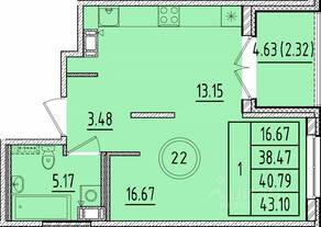 МЖК «Образцовый квартал 17», планировка 1-комнатной квартиры, 38.47 м²