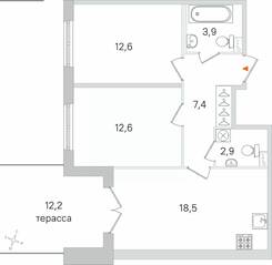 МЖК «Дубровский», планировка 2-комнатной квартиры, 61.56 м²