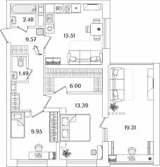 ЖК «БелАрт», планировка 2-комнатной квартиры, 64.18 м²