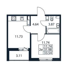 ЖК «Полис ЛАВрики», планировка 2-комнатной квартиры, 33.06 м²