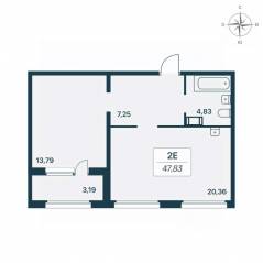 ЖК «Расцветай в Янино», планировка 1-комнатной квартиры, 48.10 м²
