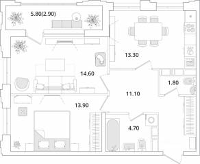 ЖК «Тайм Сквер», планировка 2-комнатной квартиры, 62.10 м²