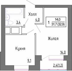 МЖК «Новое Замитино», планировка 1-комнатной квартиры, 32.20 м²