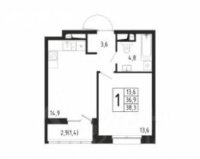 ЖК «Берег», планировка 1-комнатной квартиры, 38.30 м²