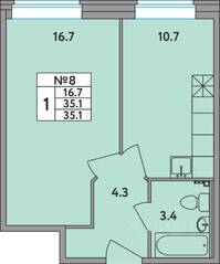 ЖК «Удача», планировка 1-комнатной квартиры, 35.10 м²